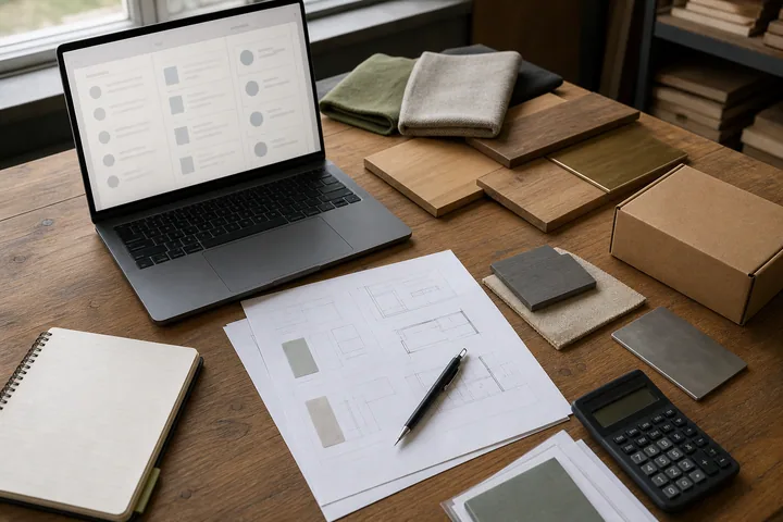 Illustrative supplier-research workspace with a laptop, project plans, material samples, and a shipping carton.