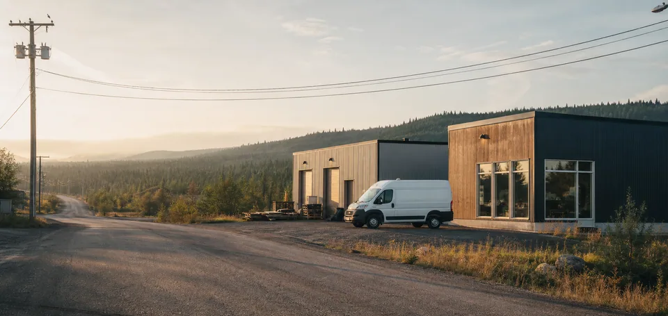 Digital illustration of a modern workshop and delivery van beside a Canadian boreal landscape.